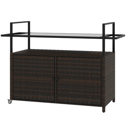 2-Tier PE Rattan Bar Cart, Glass Top Outdoor Kitchen Island, Mixed Brown, Brown Kitchen Islands & Kitchen Carts Mixed Brown, Black at Gallery Canada