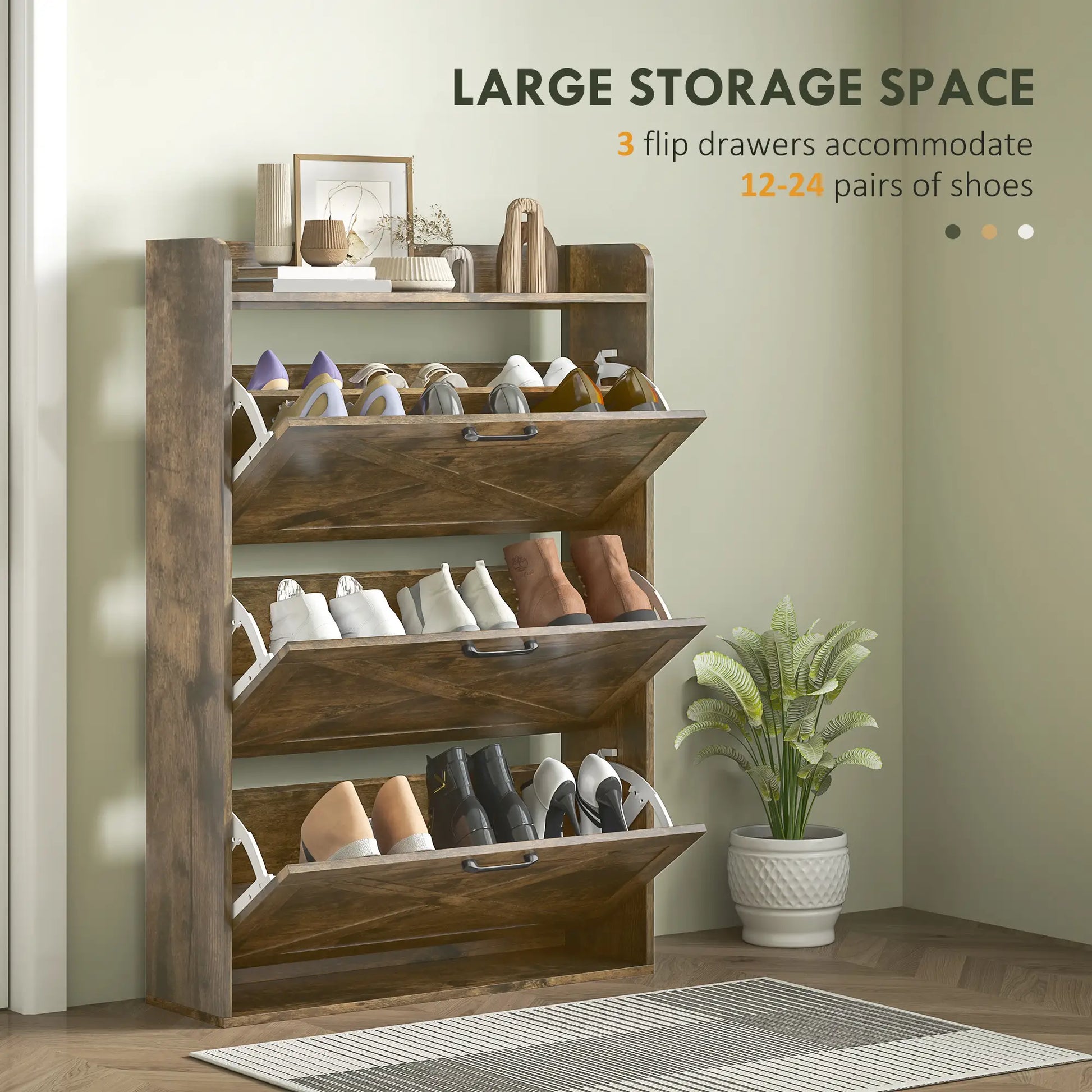 Narrow Shoe Storage Cabinet, 3 Flip Drawers, Adjustable Shelves, Rustic Brown Shoe Storage Cabinets & Racks at Gallery Canada