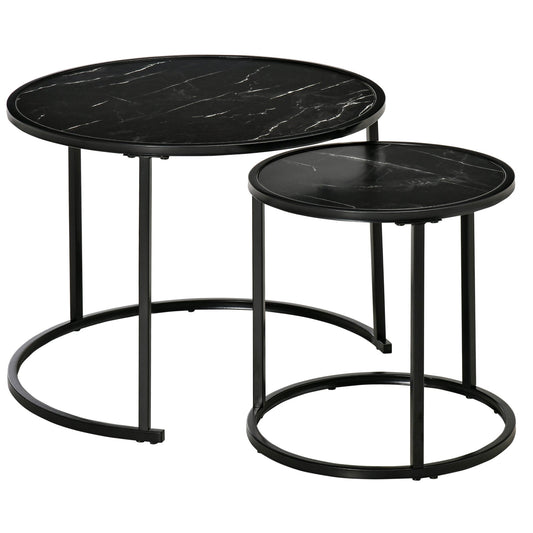 Round Nesting Coffee Table Set of 2, Stacking Modern Accent Tables with Faux Marble Tabletop and Metal Frame for Living Room, Black - Gallery Canada