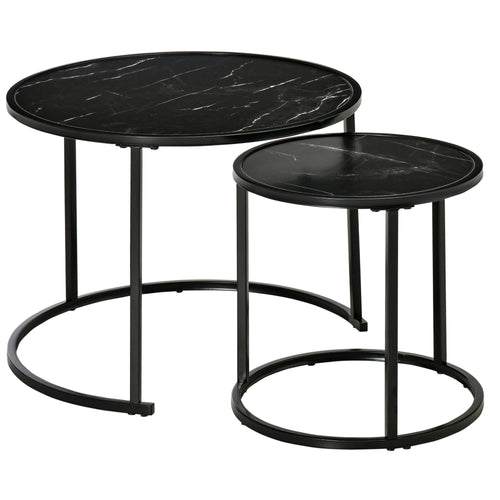 Round Nesting Coffee Table Set of 2, Stacking Modern Accent Tables with Faux Marble Tabletop and Metal Frame for Living Room, Black