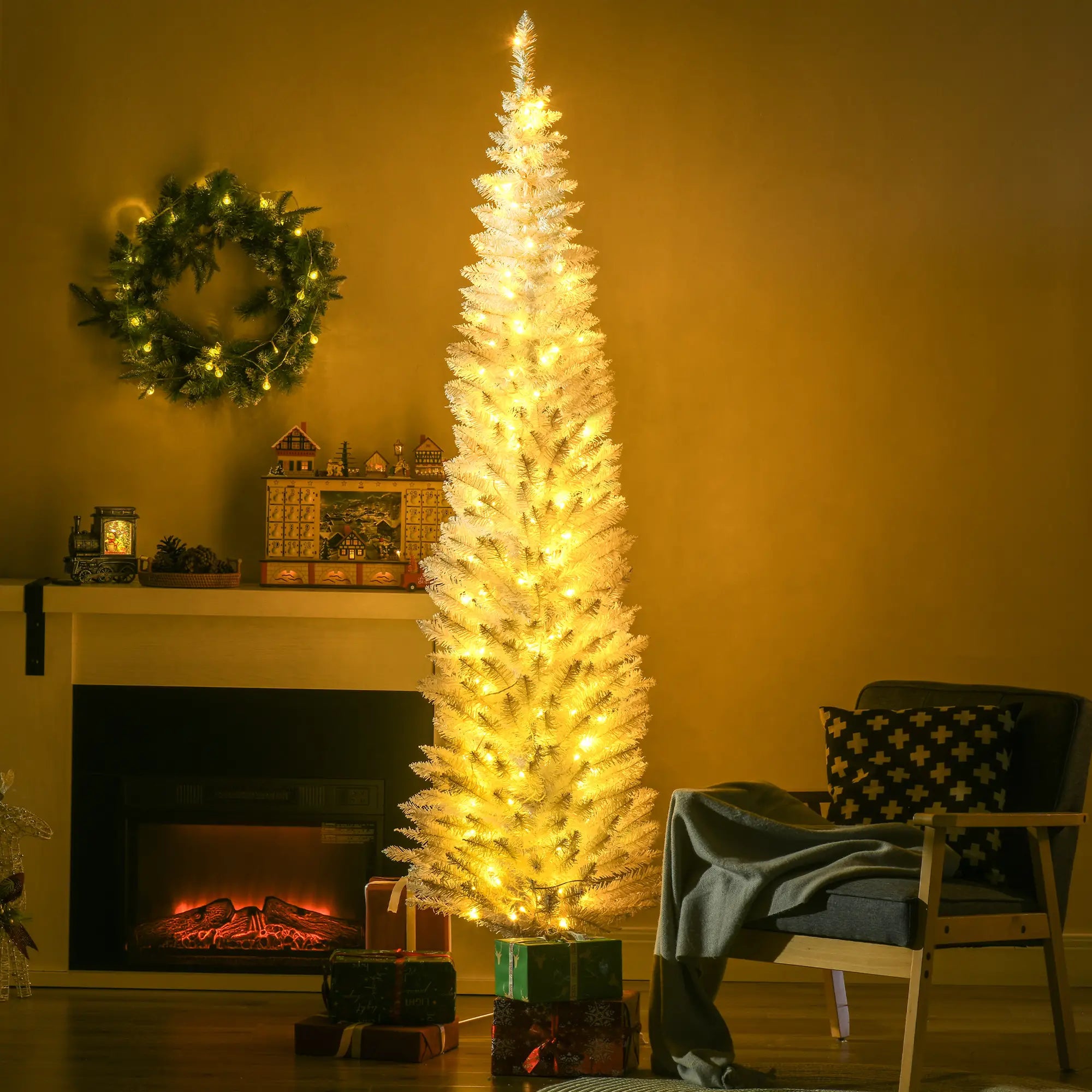 7' Pre Lit Artificial Pencil Christmas Tree, Warm White LED Lights, White Pencil Christmas Trees at Gallery Canada
