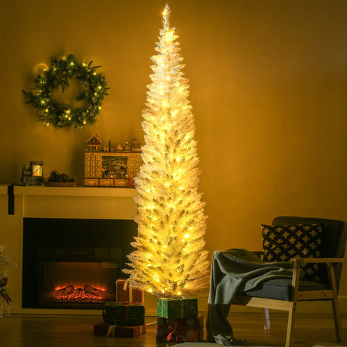 7' Pre Lit Artificial Pencil Christmas Tree, Warm White LED Lights, White