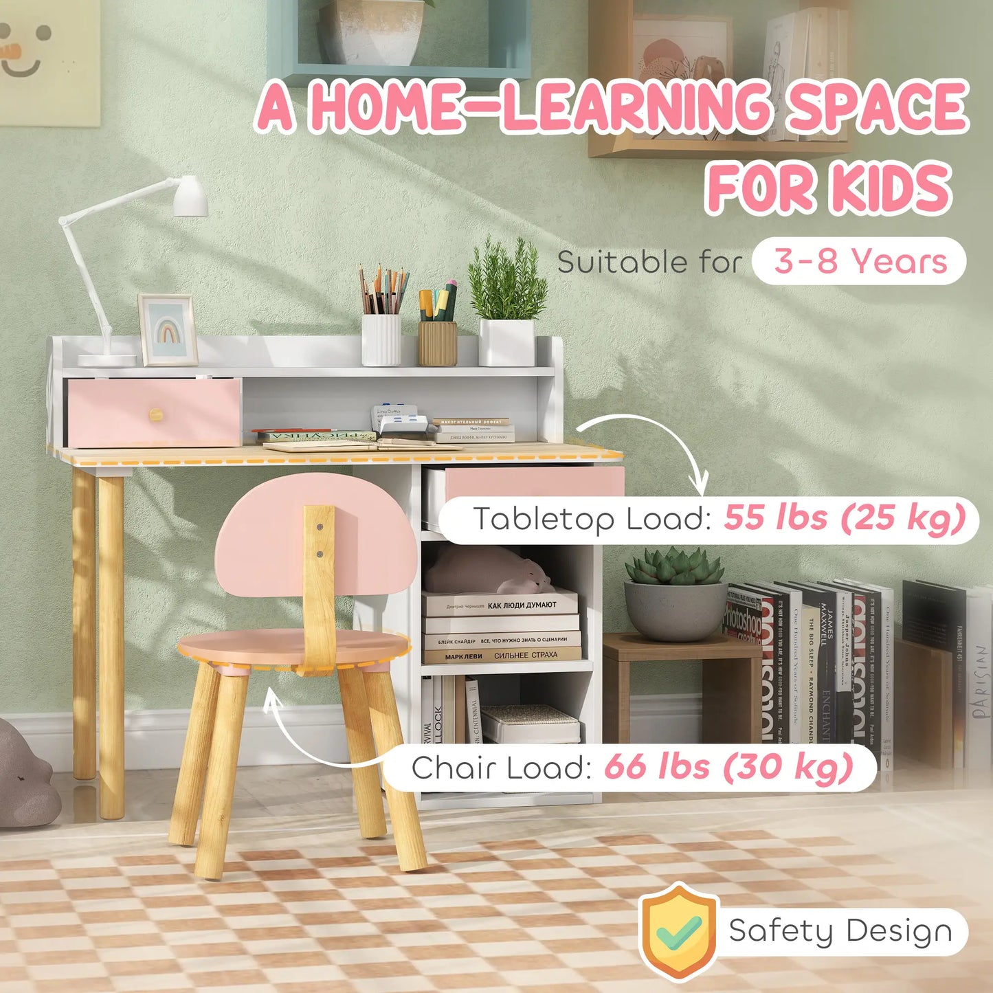 Kids Study Table and Chair Set, Desk with Storage, for 3-8 Year Old, Pink Kids Desk Sets at Gallery Canada
