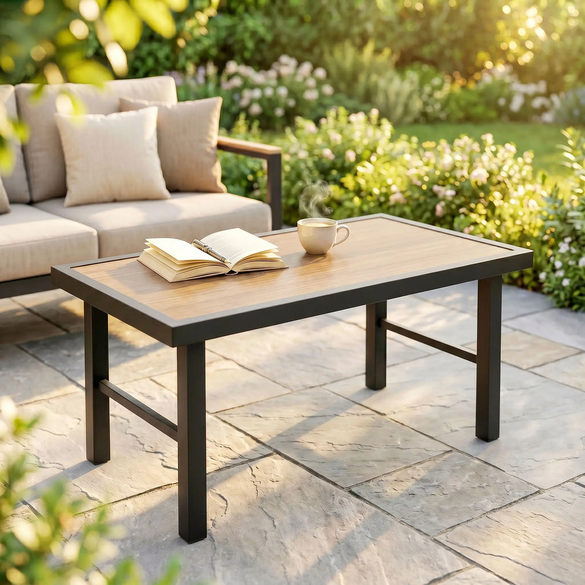 Outdoor Side Table, SPC Woodgrain Tabletop, Metal Patio Coffee Table, Brown Patio Side Tables at Gallery Canada