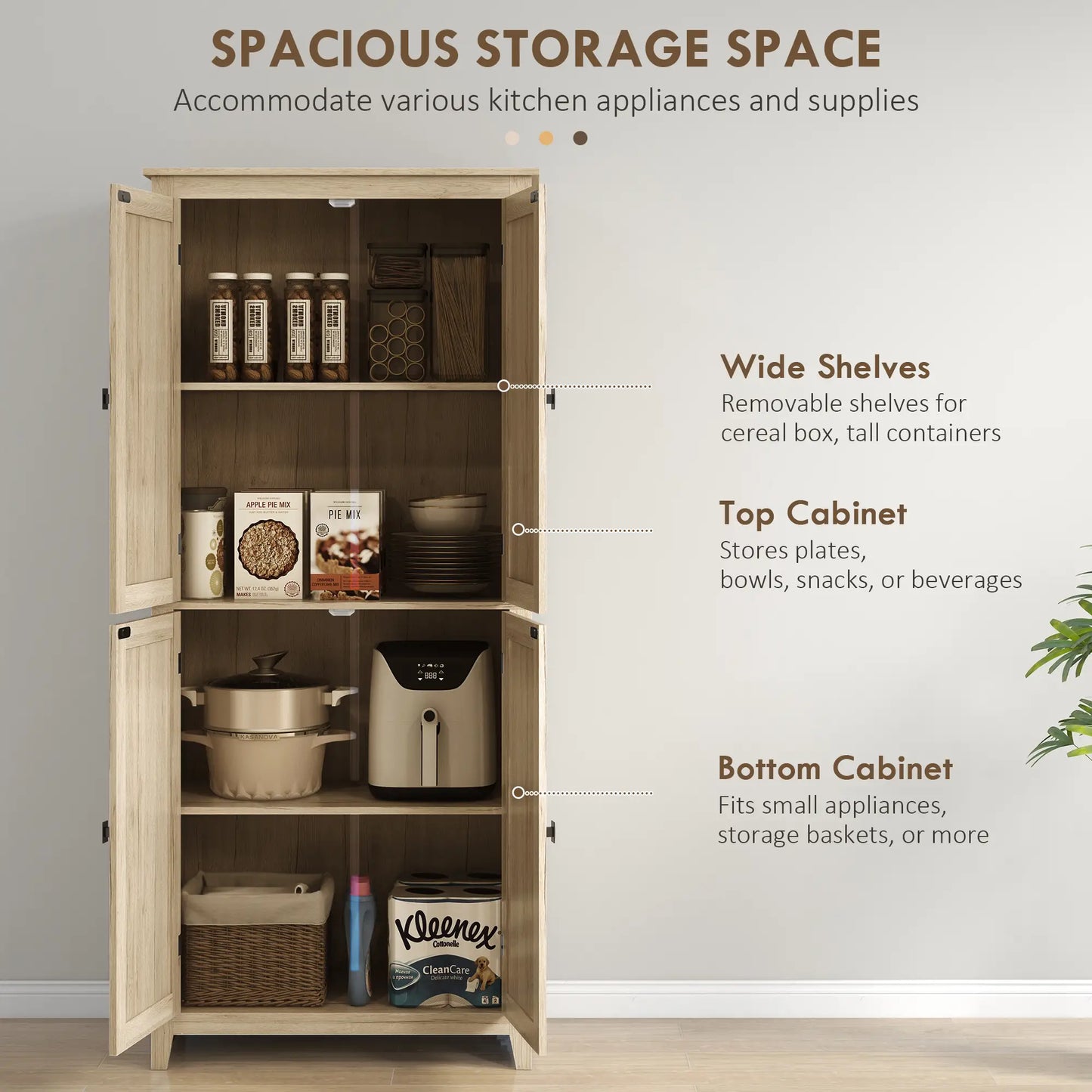 72" Freestanding Storage Cabinet, Kitchen Pantry with Doors, Shelves, Natural Kitchen Pantry Cabinets at Gallery Canada