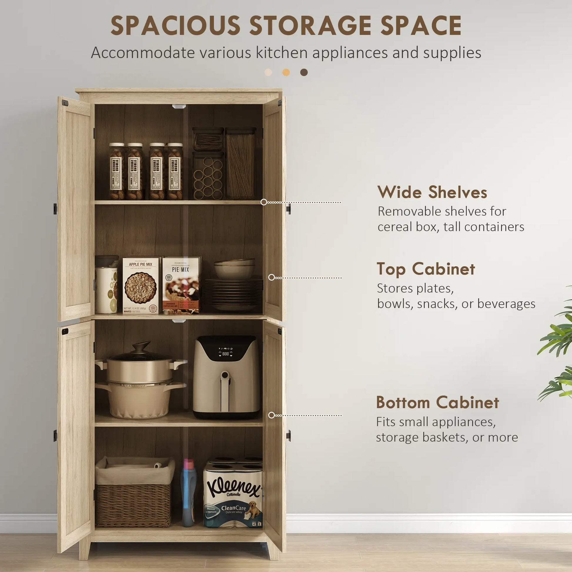 72" Freestanding Storage Cabinet, Kitchen Pantry with Doors, Shelves, Natural Kitchen Pantry Cabinets at Gallery Canada