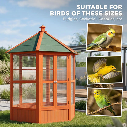 70"H Hexagonal Wooden Bird Cage, Outdoor Aviary with Doors Bird Cages at Gallery Canada