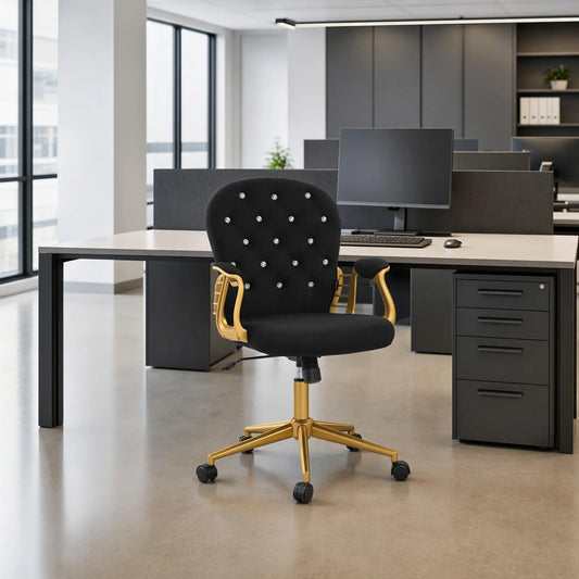 Velvet Office Desk Chair, Button Tufted, Swivel Wheels, Adjustable Height, Black Task Chairs Black, Gold at Gallery Canada