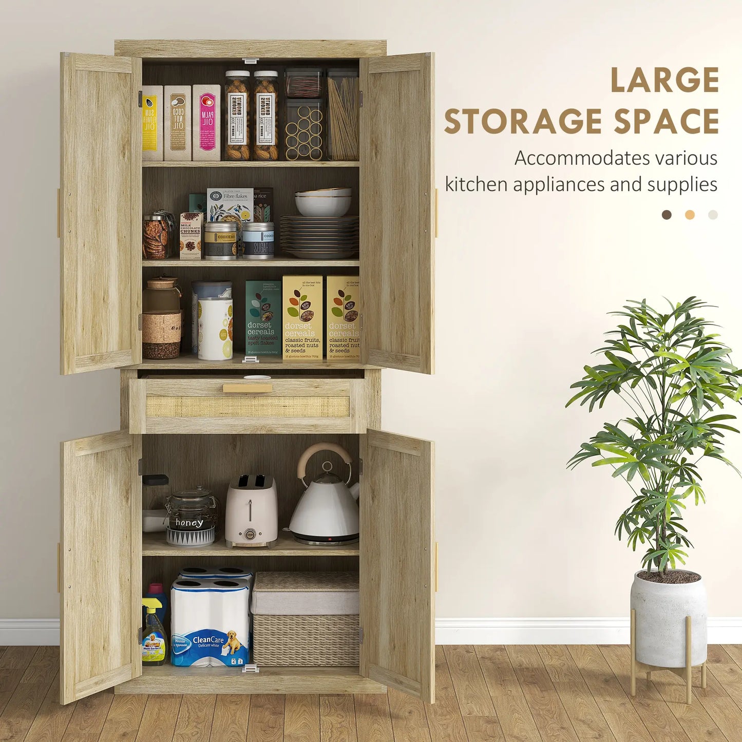 72" Kitchen Storage Cabinet, Rattan Pantry, 4 Doors, Drawer, 5-Tier Shelf, Oak Kitchen Pantry Cabinets at Gallery Canada