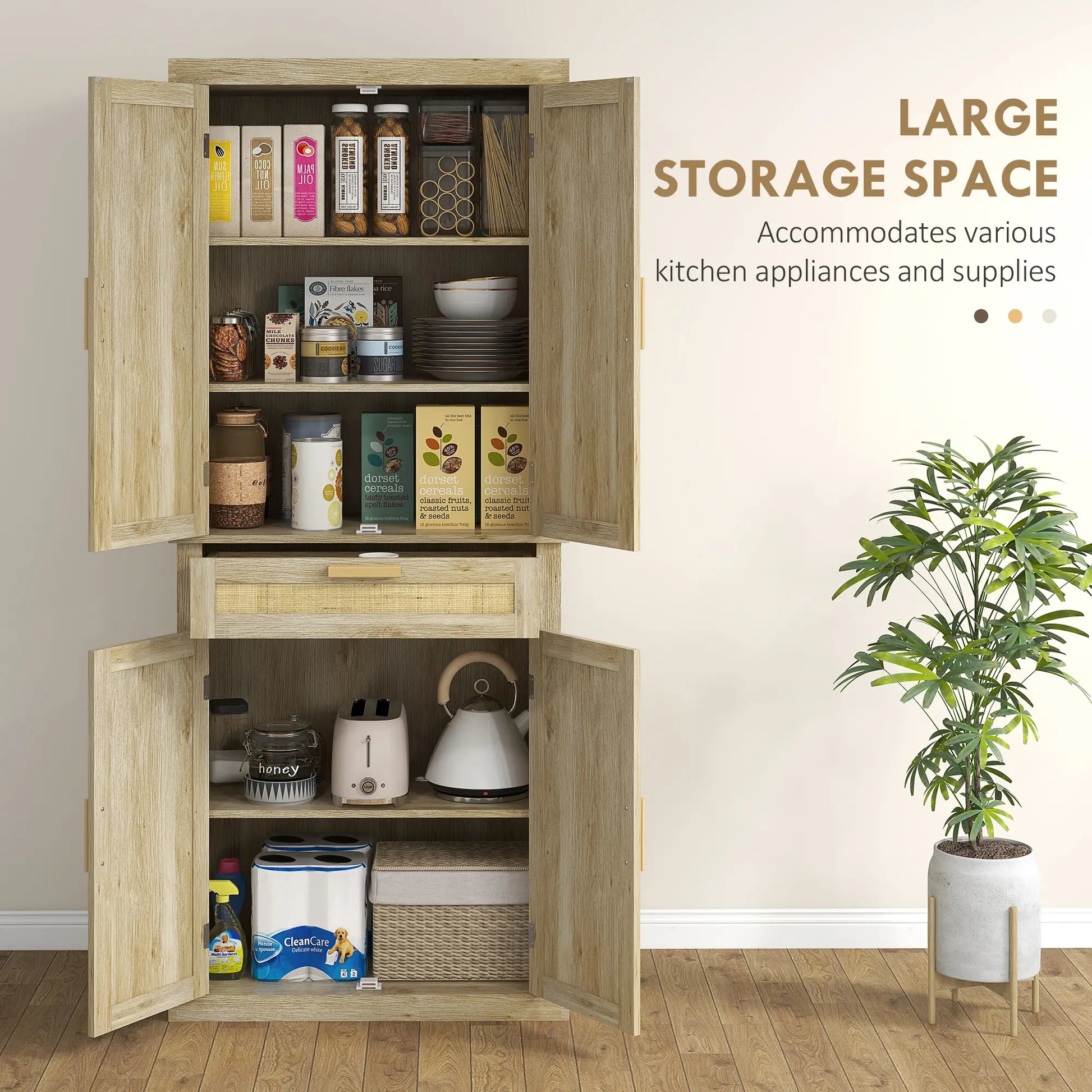 72" Kitchen Storage Cabinet, Rattan Pantry, 4 Doors, Drawer, 5-Tier Shelf, Oak Kitchen Pantry Cabinets at Gallery Canada