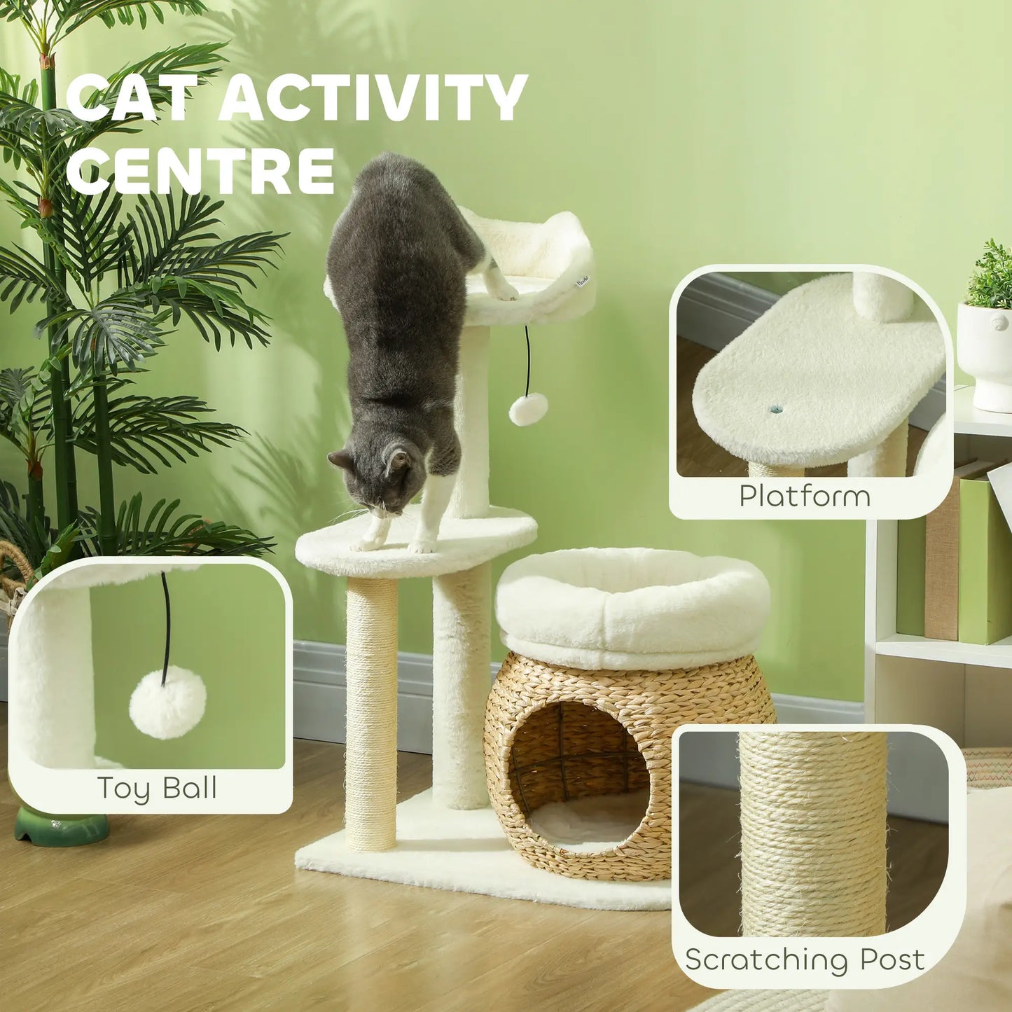31" Cat Tree Tower, Scratching Posts, Condo, Beds, Platform, Toy Ball, Cream White Cat Towers at Gallery Canada