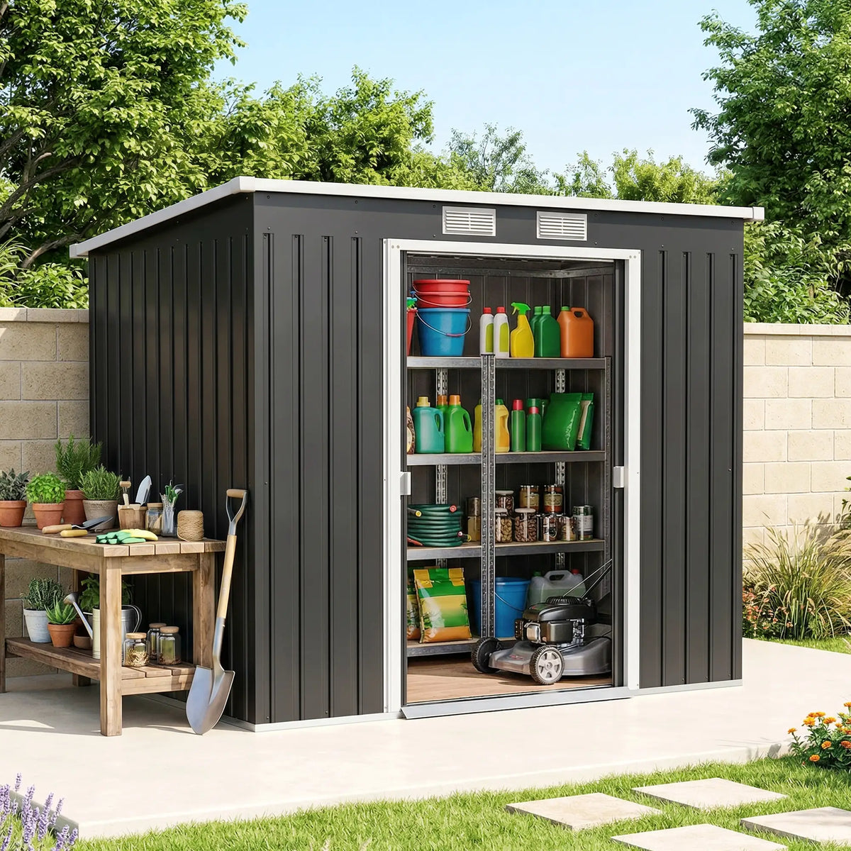 7 x 4ft Abri de Jardin en Acier Galvanisé, Kit de Fondation, Gris Foncé