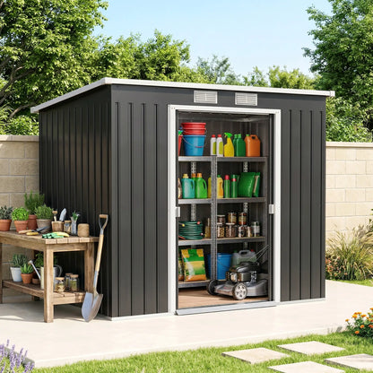 7 x 4ft Abri de Jardin en Acier Galvanisé, Kit de Fondation, Gris Foncé