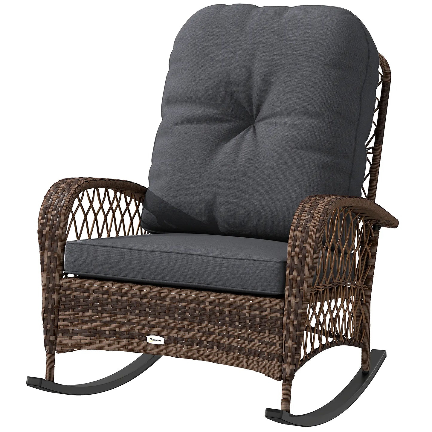 Outdoor Wicker Rocking Chair With Thick Cushions, Black Outdoor Rocking Chairs Mixed Brown Rattan, Black Cushion at Gallery Canada