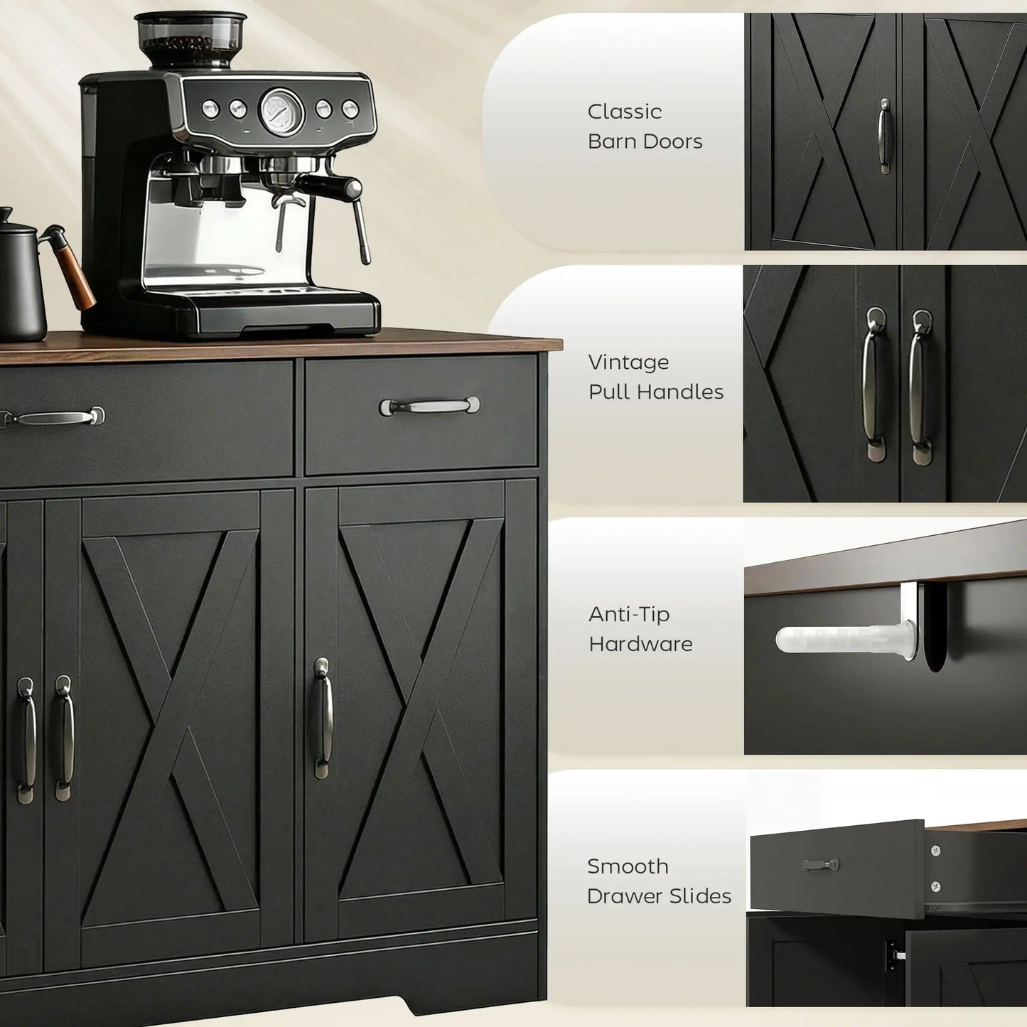 55" Sideboard Buffet Cabinet, Farmhouse Kitchen, 4 Barn Doors, 3 Drawers, Black Bar Cabinets at Gallery Canada