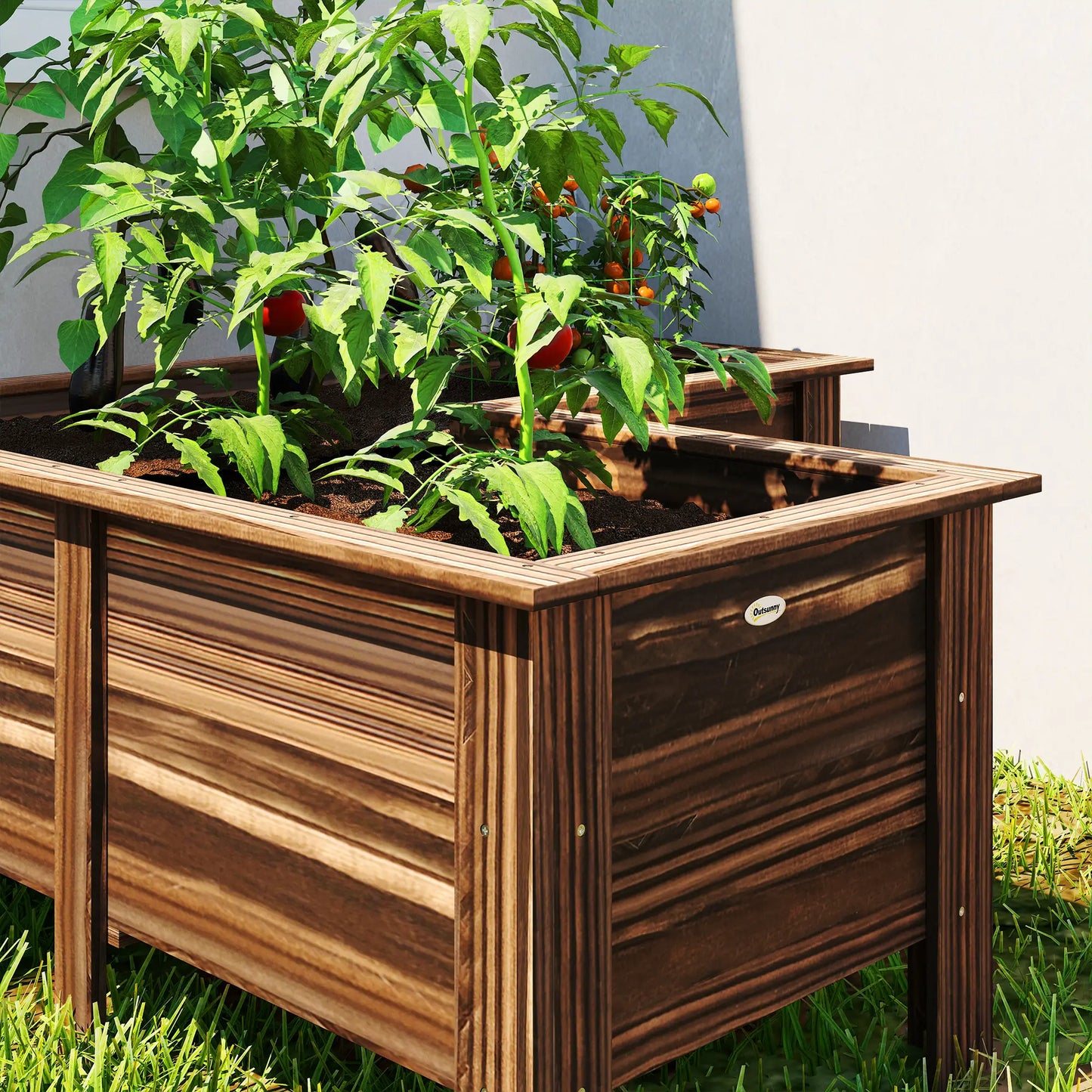 Wooden Raised Garden Bed, L-Shaped, Carbonized, With Legs