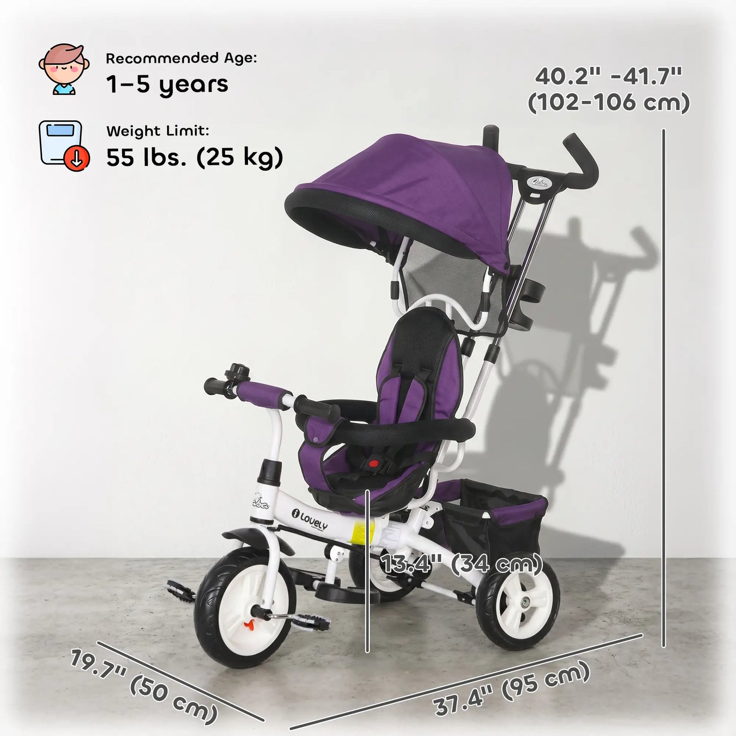 6 in 1 Toddler Tricycle Stroller, Basket, Canopy, 5-Point Harness, 12-60 Months, Purple Tricycles for Kids at Gallery Canada