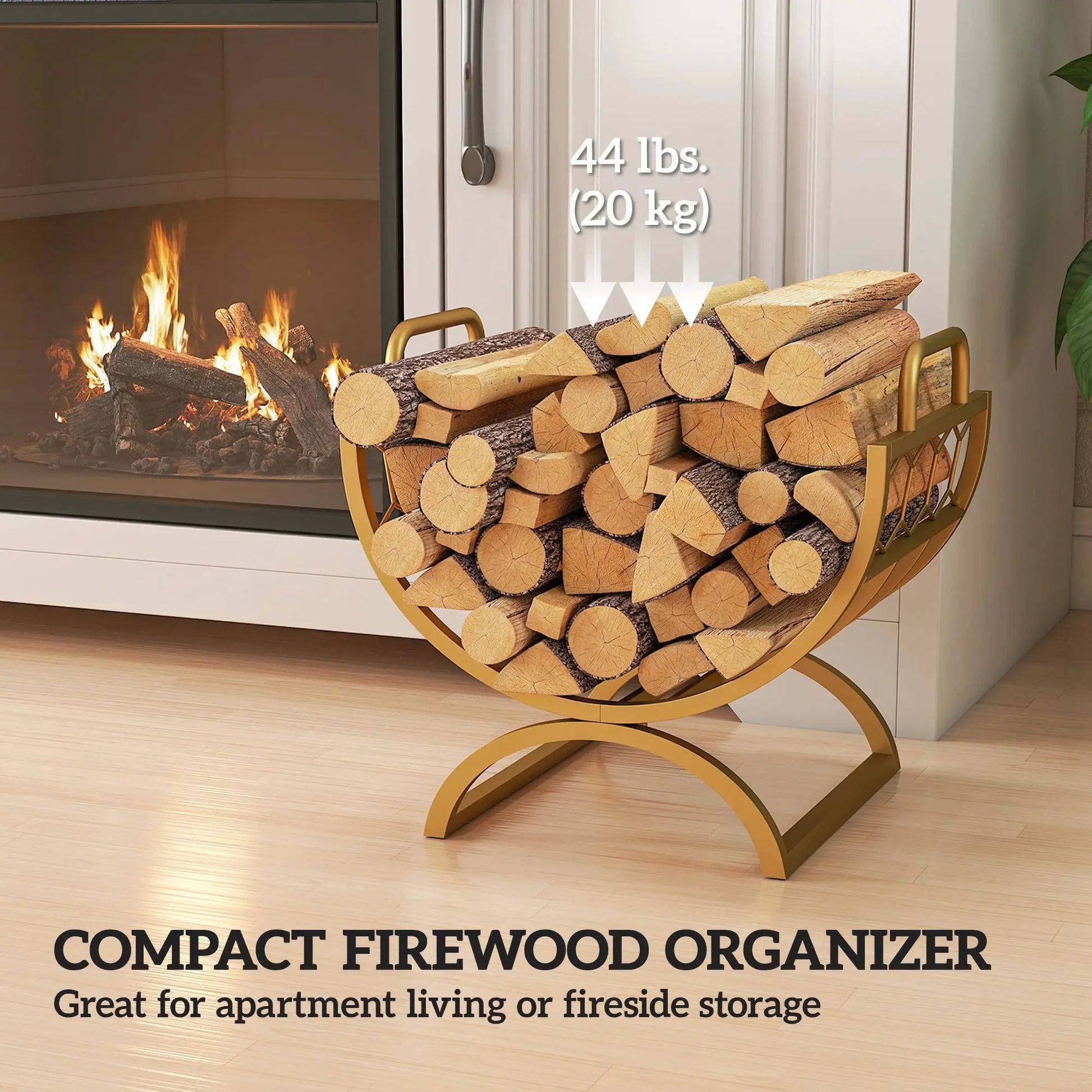 Firewood Rack, Heavy Duty Log Holder with Handles, 18" x 14" x 16", Gold Firewood Racks at Gallery Canada