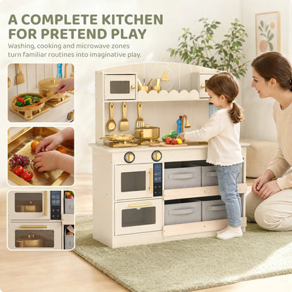 Ensemble de cuisine en bois pour enfants, lumières, sons, 12 pièces, crème