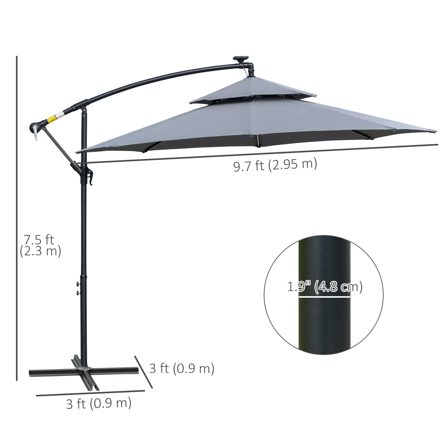 10FT Solar Powered Cantilever Patio Umbrella, Crank, Cross Base, Grey Cantilever Umbrellas at Gallery Canada