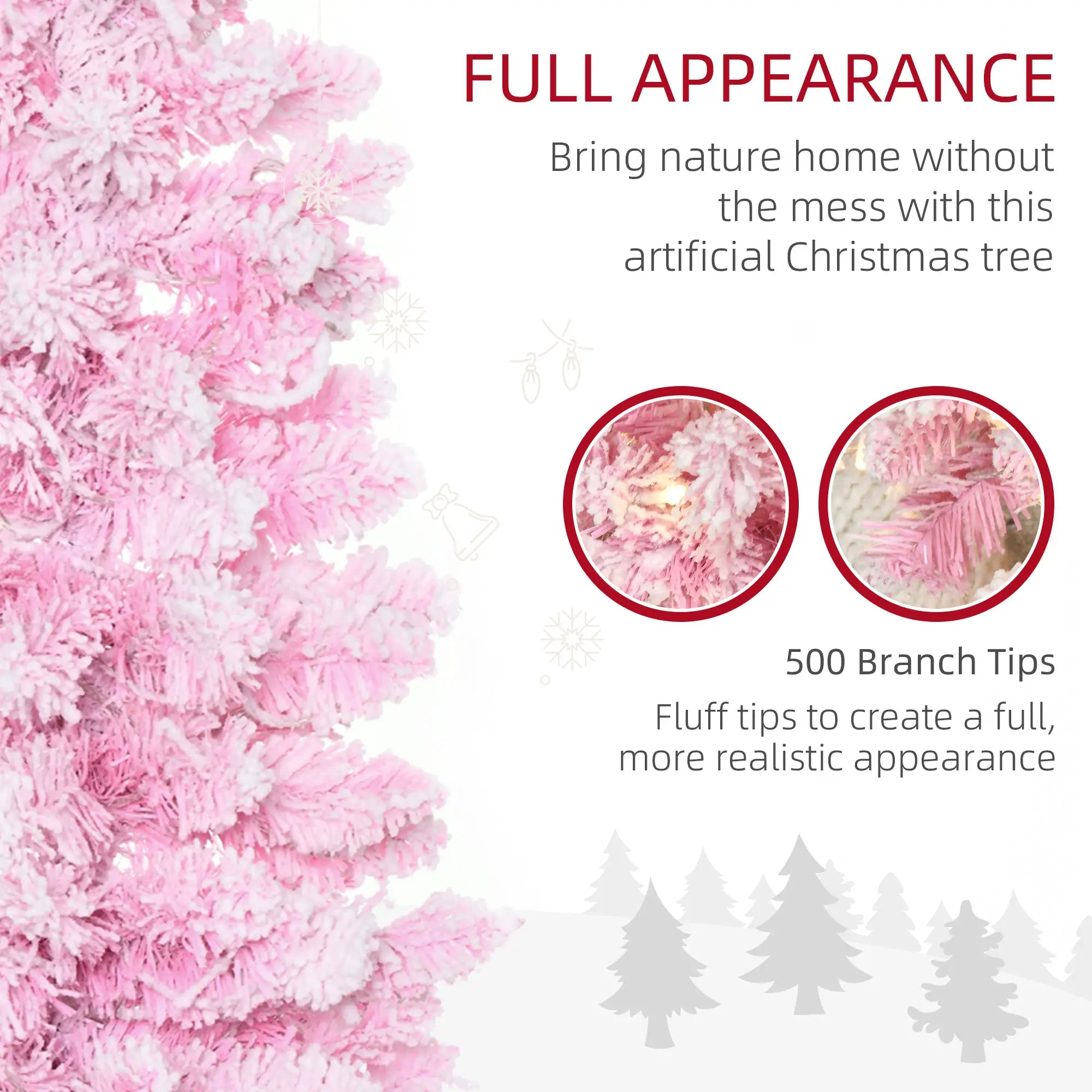6ft Prelit Snow Flocked Artificial Christmas Tree, Pencil Shape, 500 Pine Branches, Warm White LED, Auto Open, Pink White Pre Lit Christmas Trees at Gallery Canada