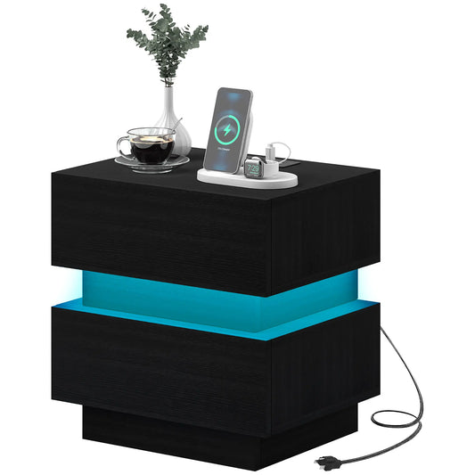 Modern Bedside Table with Charging Station, LED Light, USB Ports, Black Bedside Tables Black at Gallery Canada