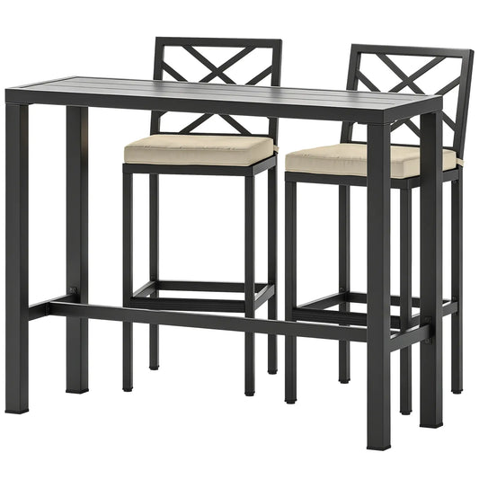 3 Piece Patio Bar Set, Outdoor Bar Table and Stools, Electrophoresis Steel Tabletop, X Back, Footrest, Cushions, Khaki Bistro Sets Khaki, Black at Gallery Canada