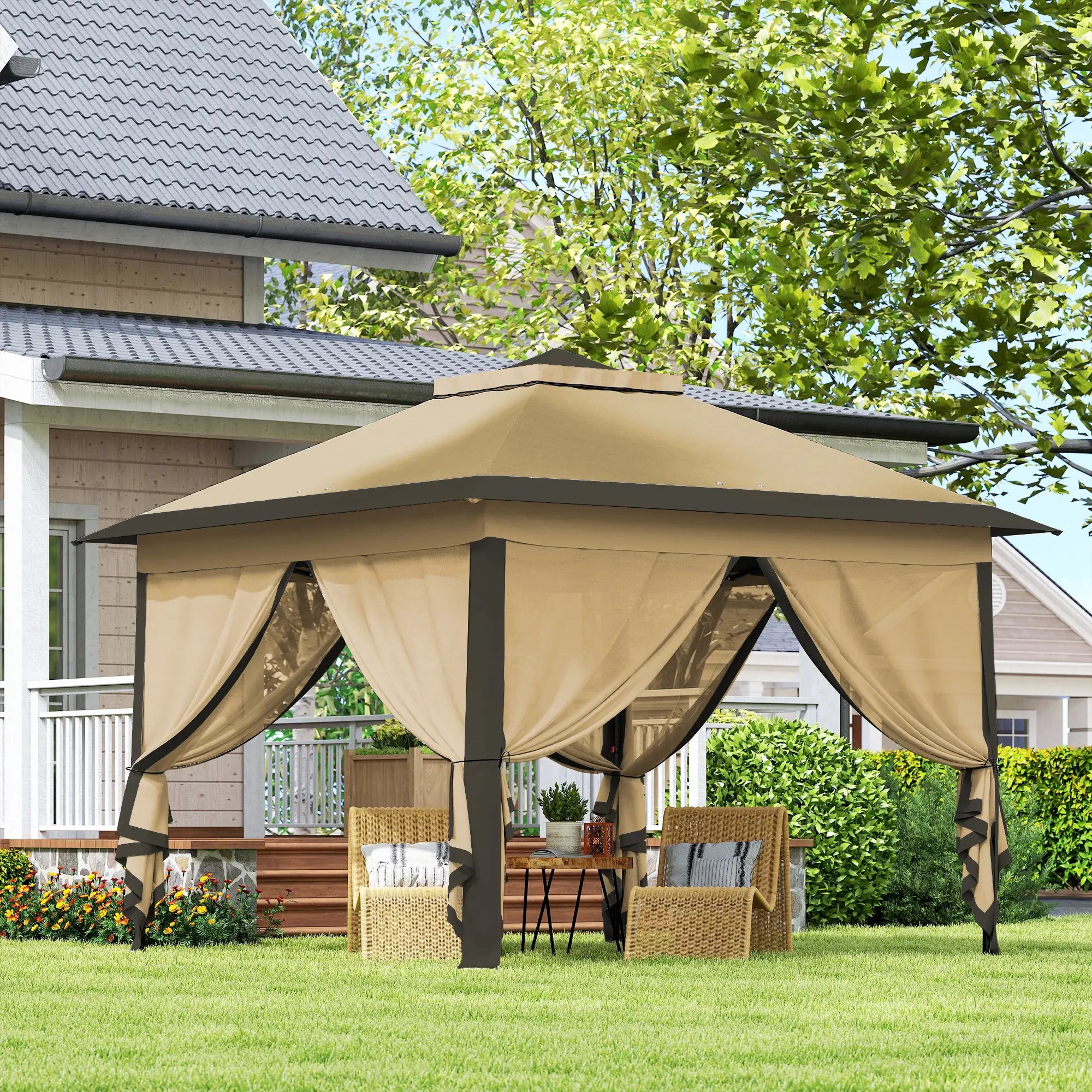 11' x 11' Pop Up Gazebo, Double Roof, Foldable, Adjustable, Beige Pop Up Canopies at Gallery Canada