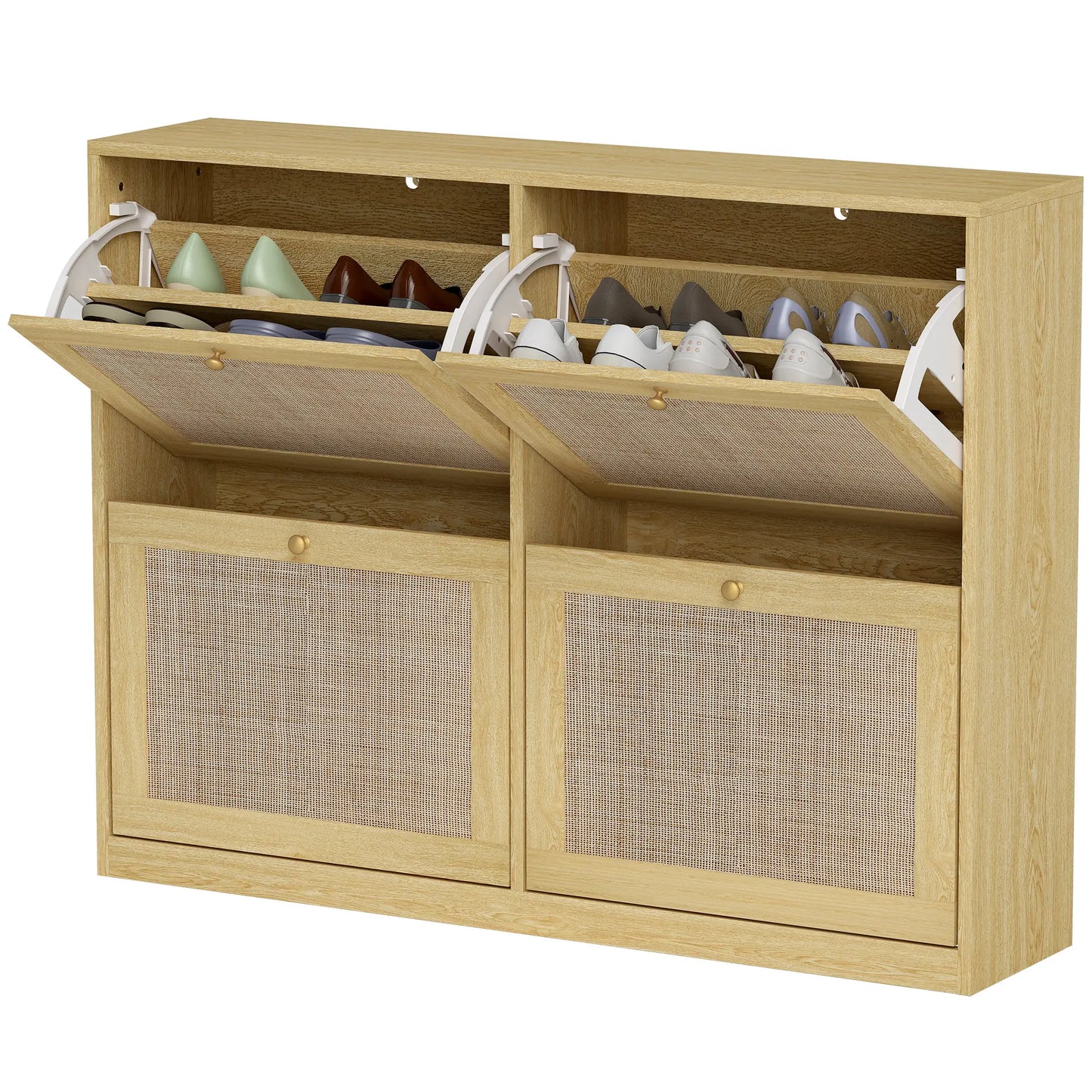 Narrow Shoe Storage Cabinet, 4 Flip Drawers, Adjustable Shelves, 20 Pairs, Oak Shoe Storage Cabinets & Racks Oak, Natural Wood at Gallery Canada
