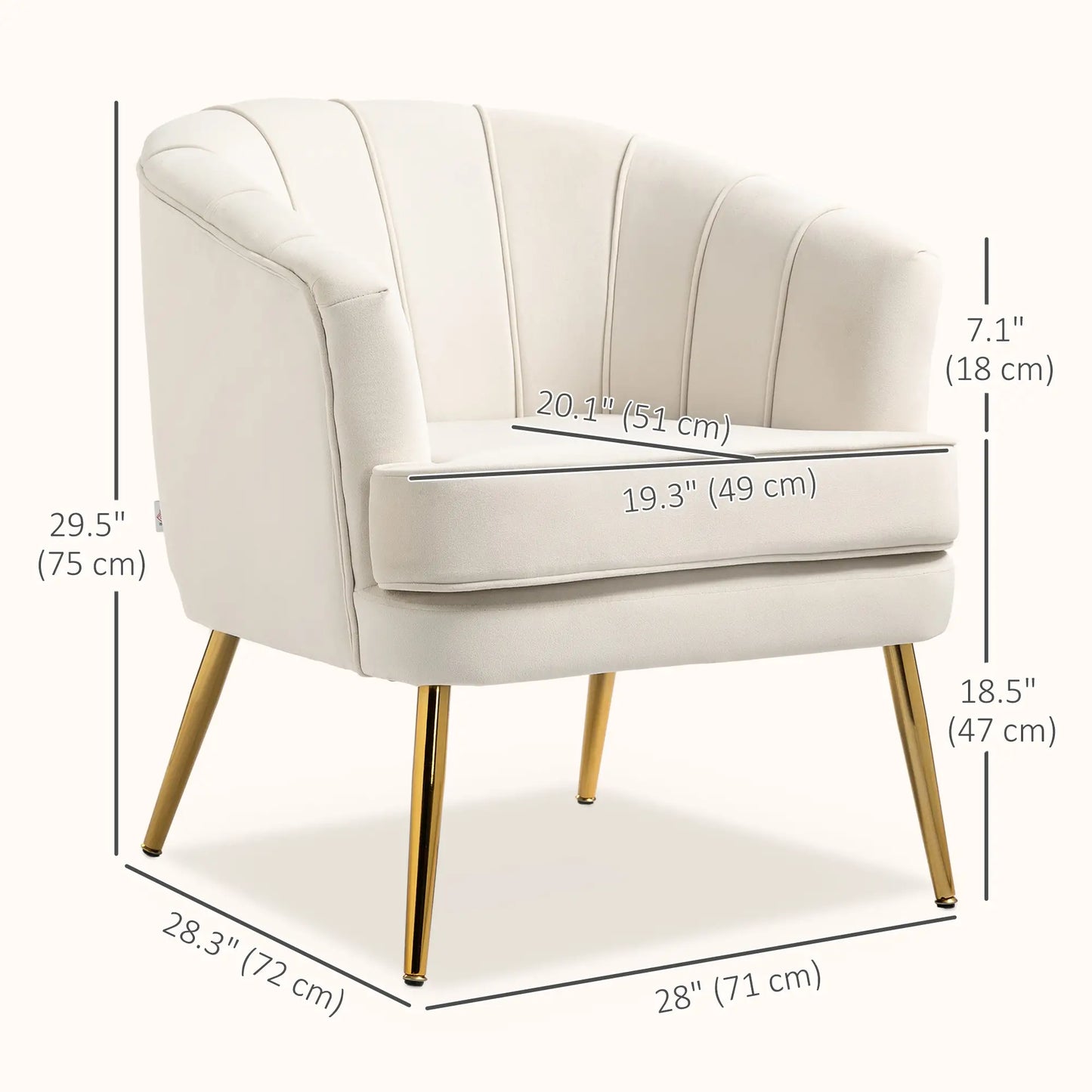 Modern Fabric Armchair, Gold Metal Legs, 32in, Cream White Accent Chairs at Gallery Canada