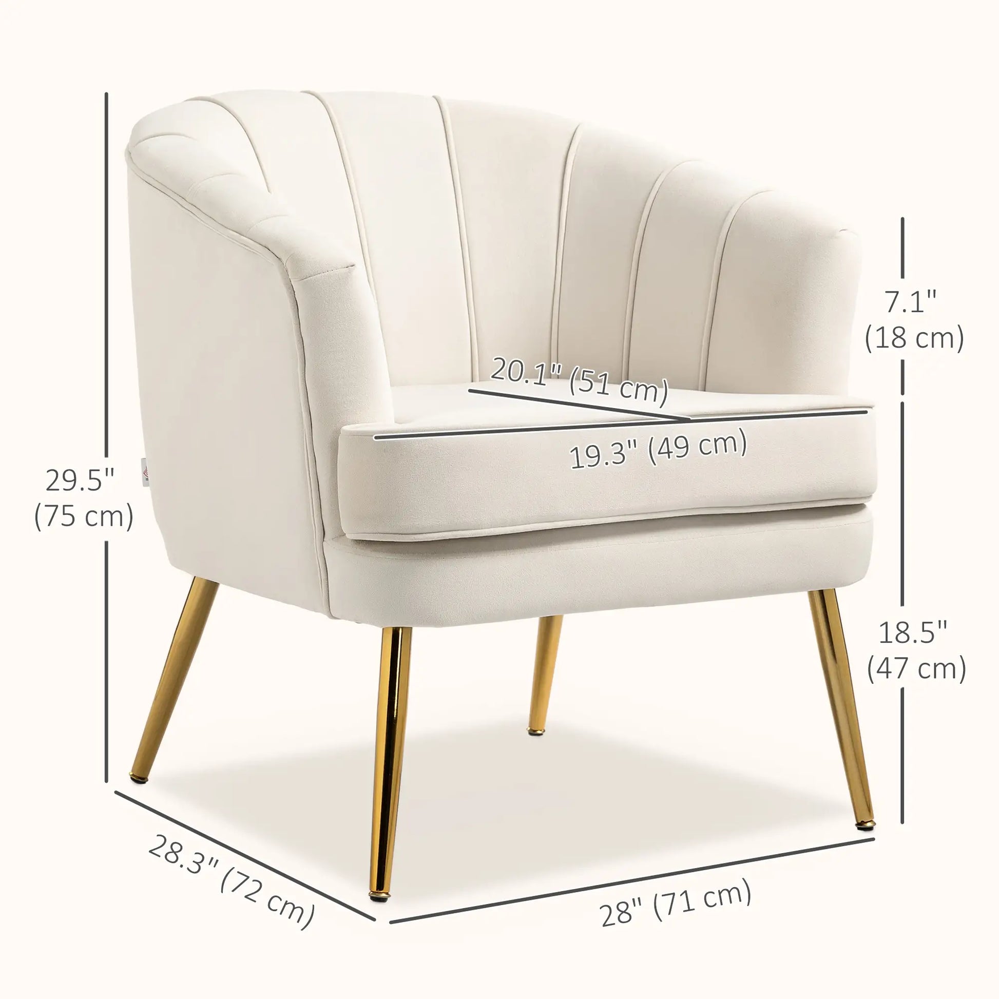 Modern Fabric Armchair, Gold Metal Legs, 32in, Cream White Accent Chairs at Gallery Canada