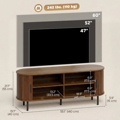 TV Stand for TVs up to 60", Modern Entertainment Center with Curved Sliding Doors, Walnut Brown