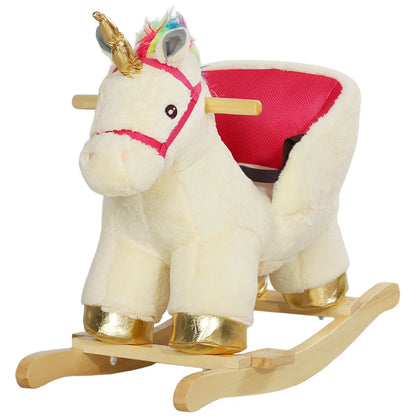 Unicorn Rocking Horse with Sound, Safety Belt, Wooden Base, 18-36 Months Rocking Horses Cream at Gallery Canada