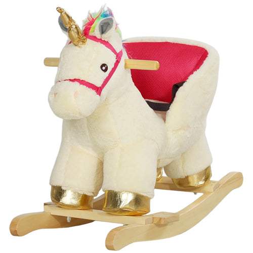 Unicorn Rocking Horse with Sound, Safety Belt, Wooden Base, 18-36 Months