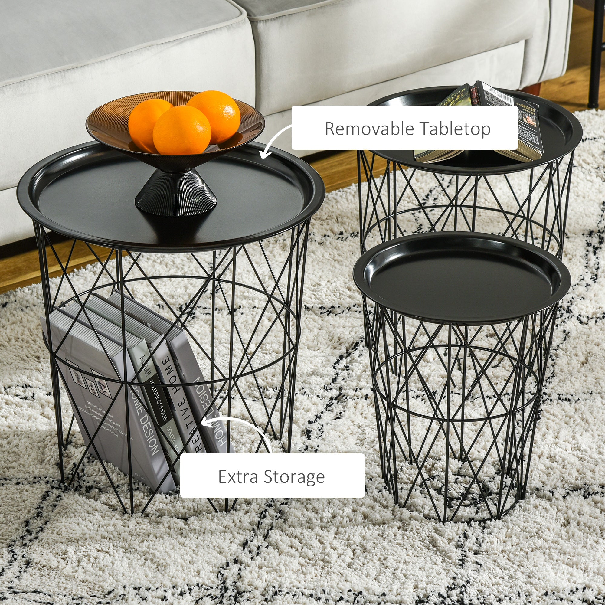 Set of 3 Nesting Coffee Tables with Storage, Round End Table with Removable Tray, Basket Side Tables with Metal Frame for Living Room, Black Side Tables at Gallery Canada