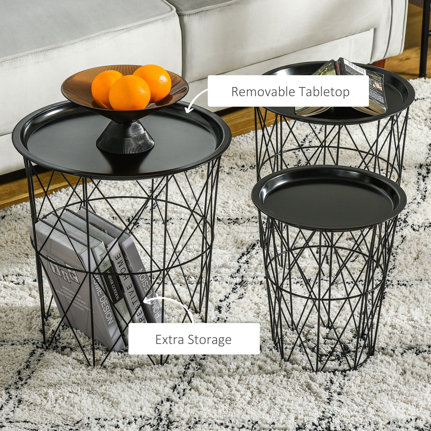 Set of 3 Nesting Coffee Tables with Storage, Round End Table with Removable Tray, Basket Side Tables with Metal Frame for Living Room, Black Side Tables at Gallery Canada
