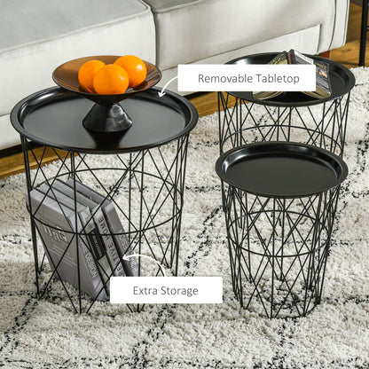 Set of 3 Nesting Coffee Tables with Storage, Round End Table with Removable Tray, Basket Side Tables with Metal Frame for Living Room, Black Side Tables at Gallery Canada