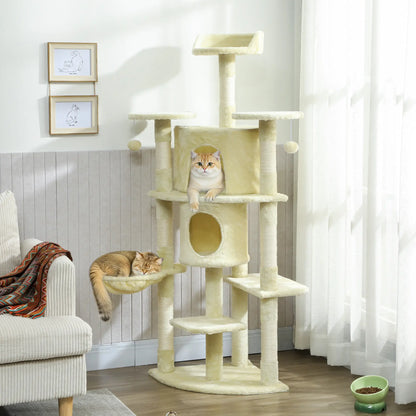 62" Cat Tree, Scratching Post, 2 Condos, Hammock, Perches, Beige