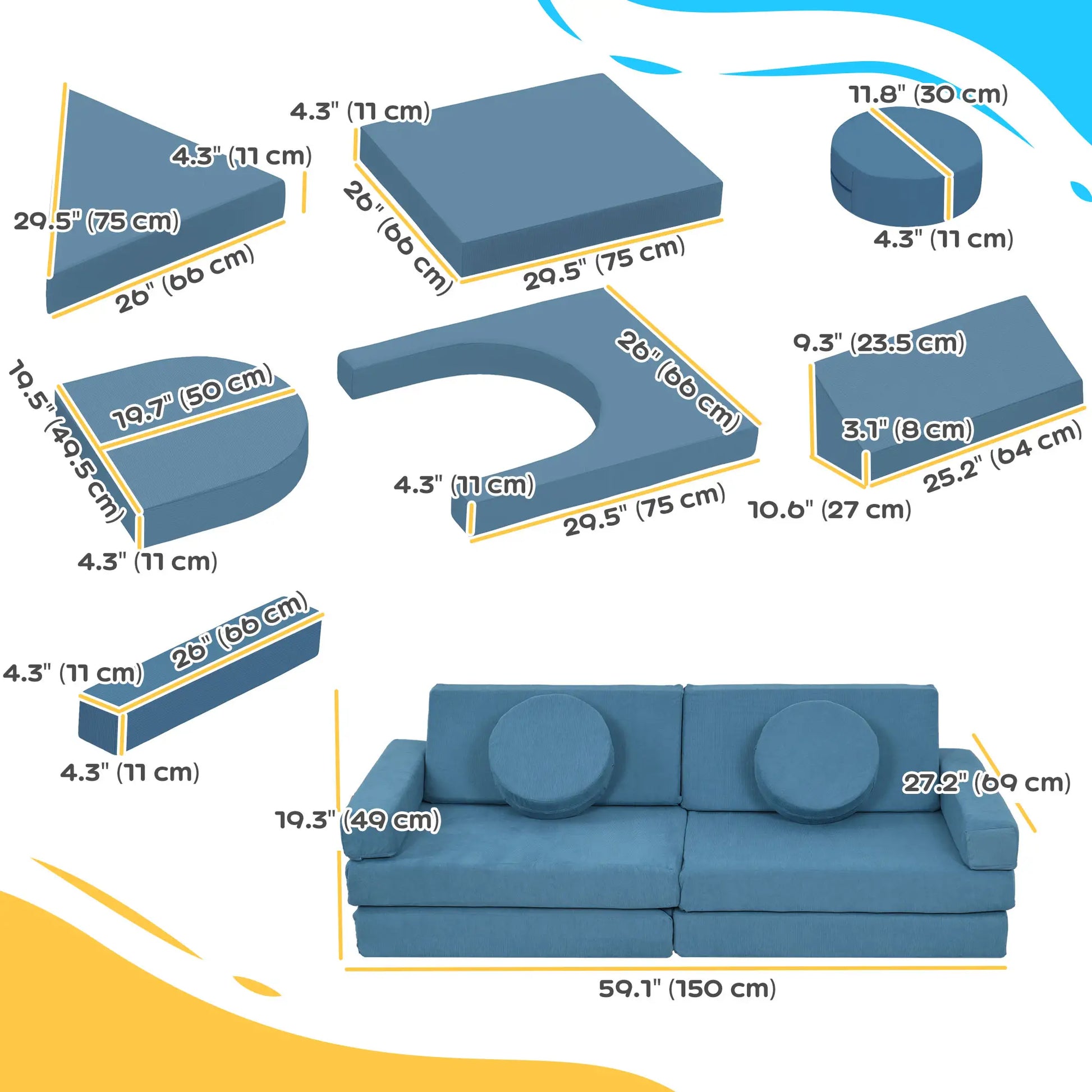 12-Piece Modular Kids Play Couch, Convertible Sofa, Blue Kids Chairs & Seating at Gallery Canada