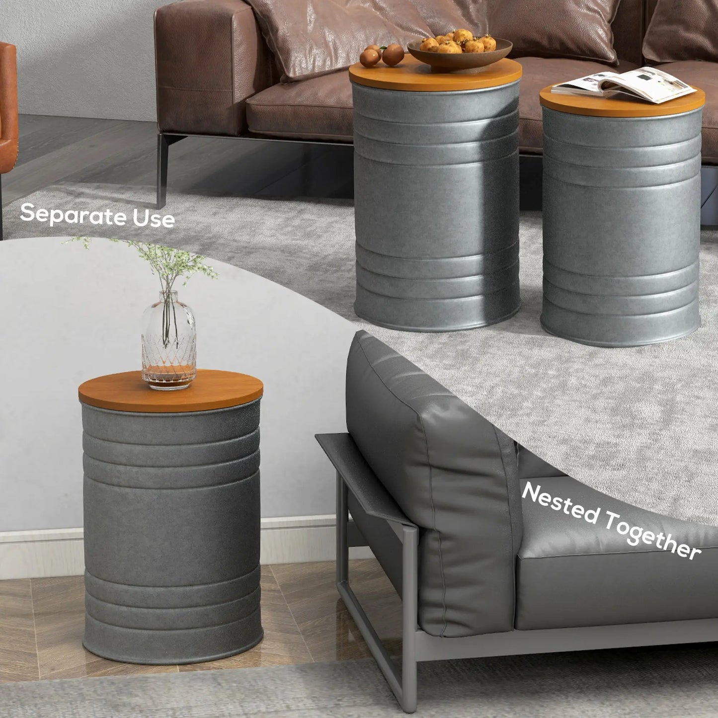 Round Side Table Set of 2, Nesting Coffee Tables, Wooden Lid, Galvanized Frame, Hidden Storage, Grey Side Tables at Gallery Canada