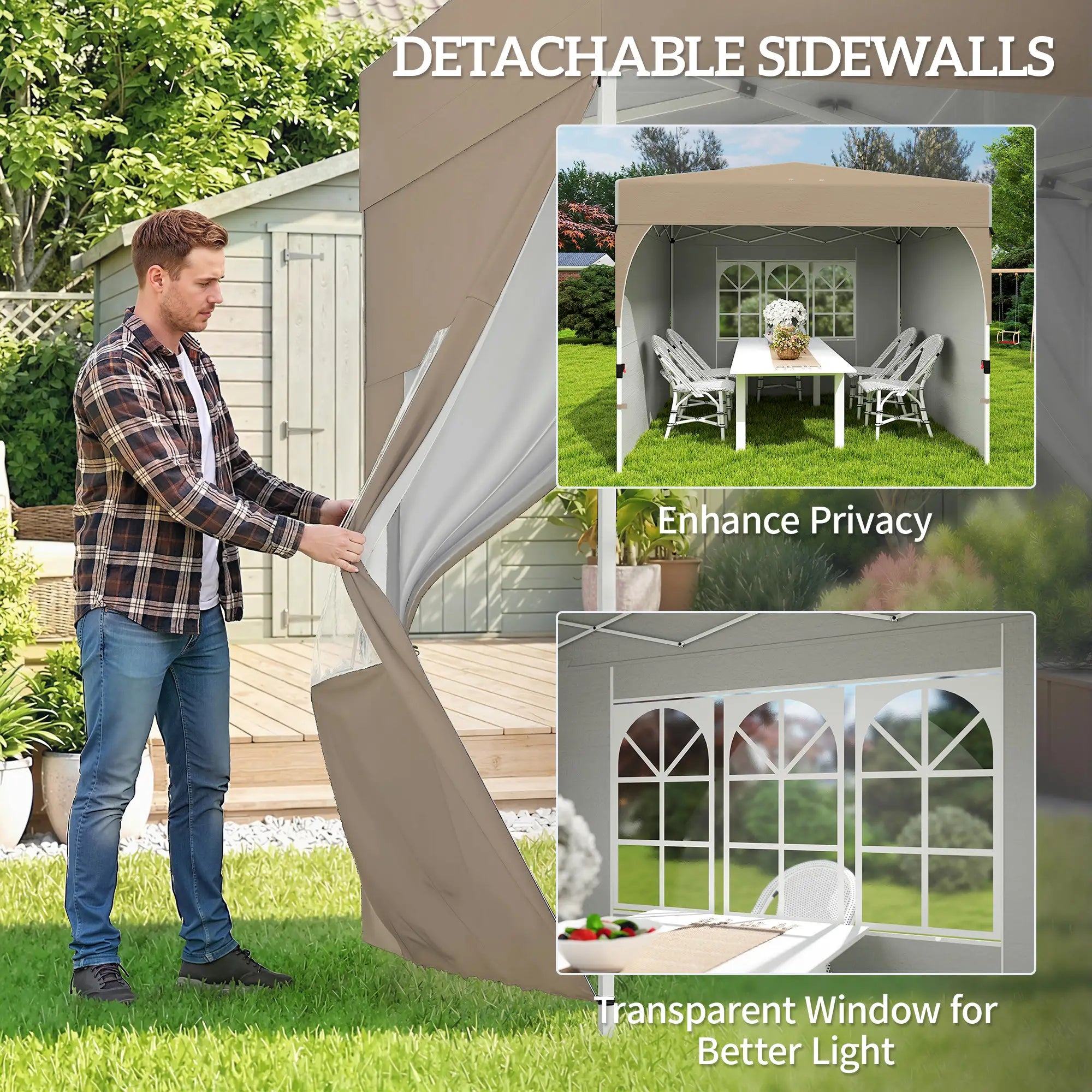 9.6 x 9.6 ft Pop Up Canopy Tent, 3 Sidewalls, UPF 50+, Khaki Pop Up Canopies at Gallery Canada