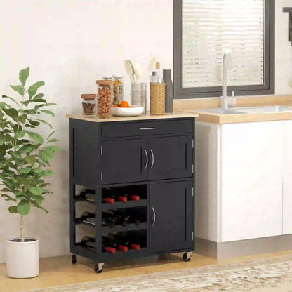 Rolling Kitchen Cart, Island with Storage Drawer, 9-Bottle Wine Rack, Black Kitchen Islands & Kitchen Carts at Gallery Canada