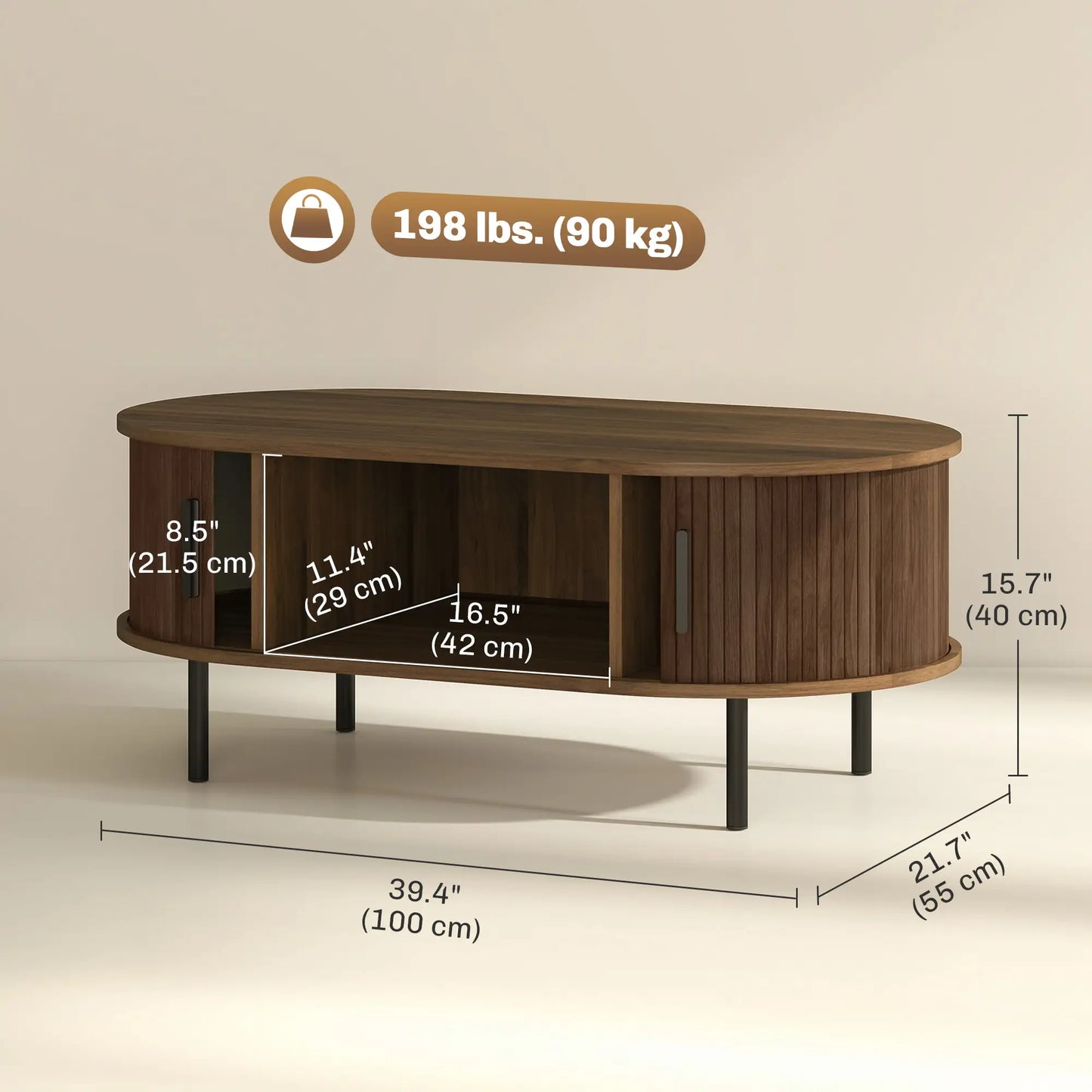 Coffee Table with Sliding Tambour Doors and Storage Center Table with Metal Legs, 39", Brown