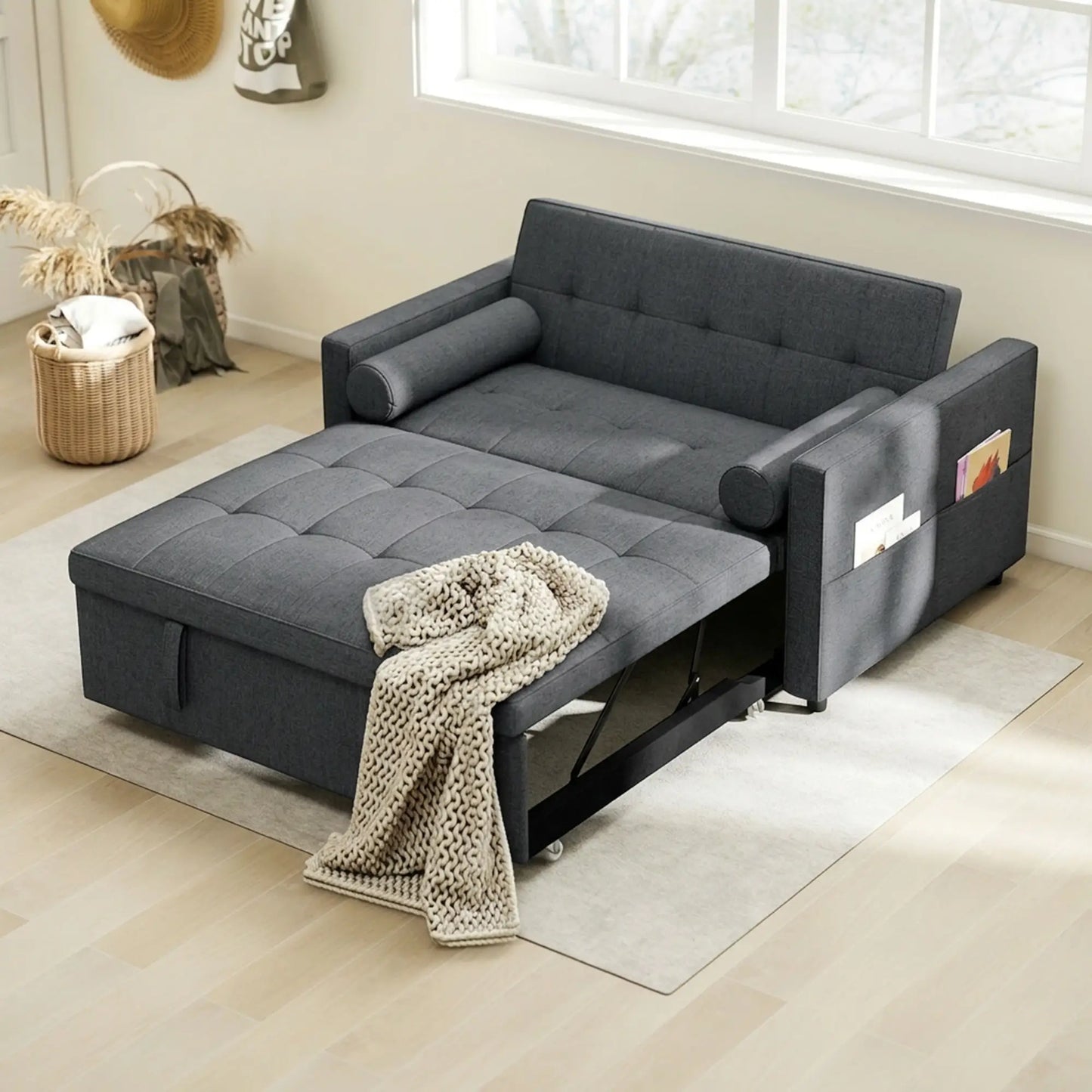 Pull Out Sofa Bed With USB Ports, Linen Loveseat Futon, Dark Grey 2-Seater Sofas at Gallery Canada