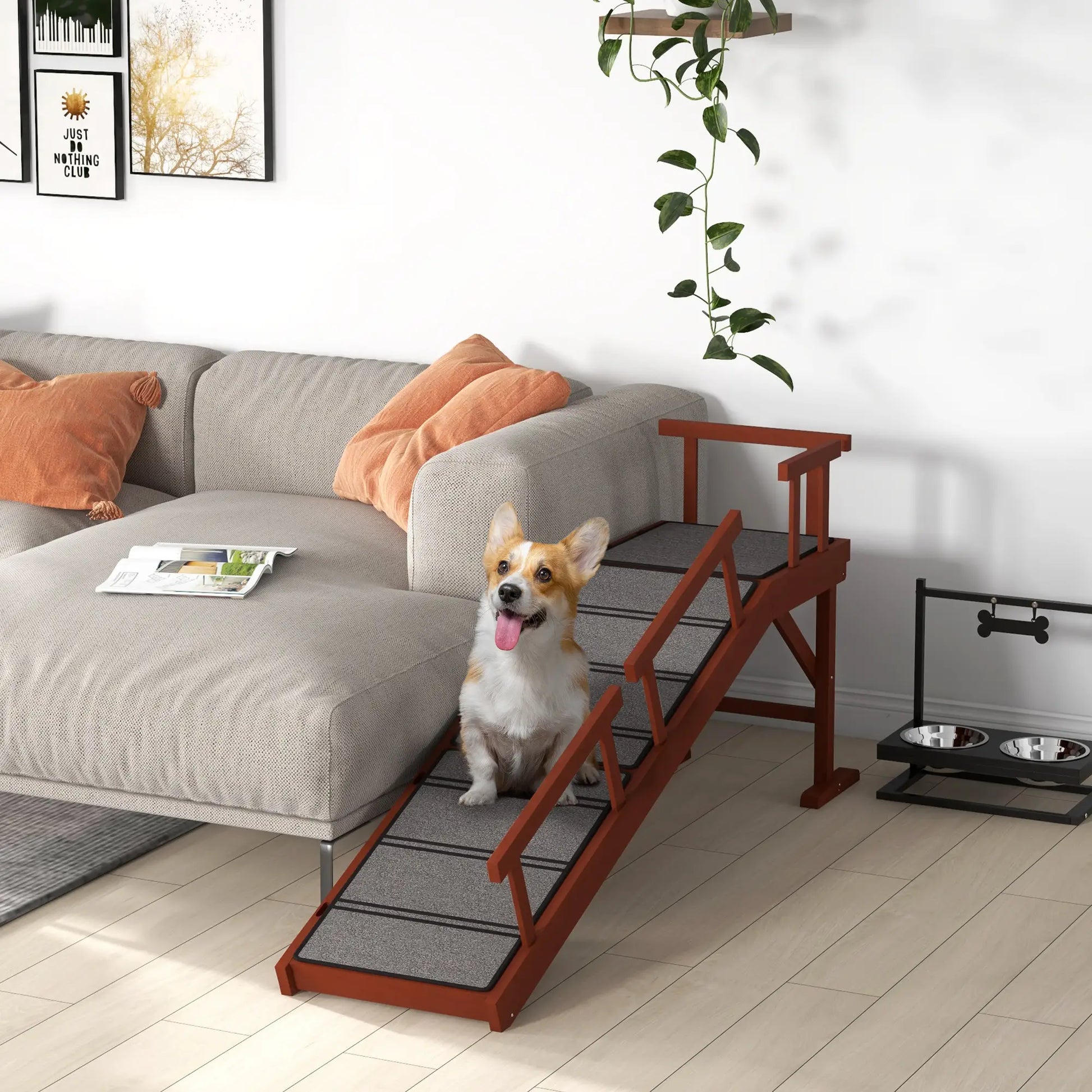 Wooden Dog Ramp, 60" Long, Non-Slip Rug, Removable Guardrails, Brown Dog Stairs at Gallery Canada