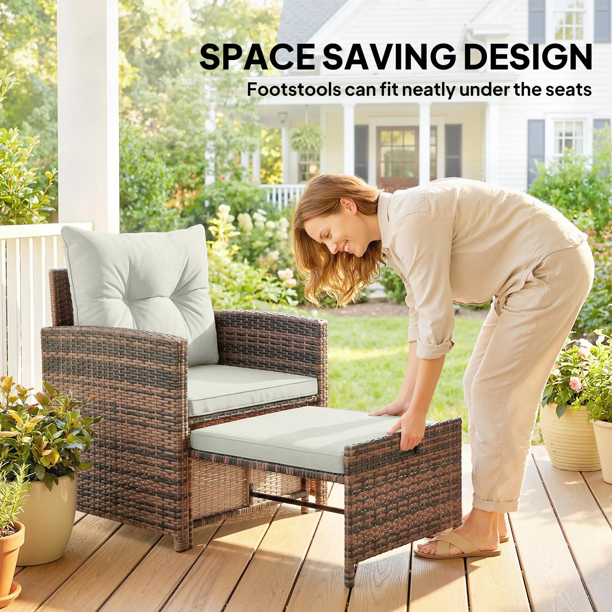 5 Piece Patio Set, Wicker Chairs With Ottomans, Glass Coffee Table, Brown Cream Patio Furniture Sets at Gallery Canada