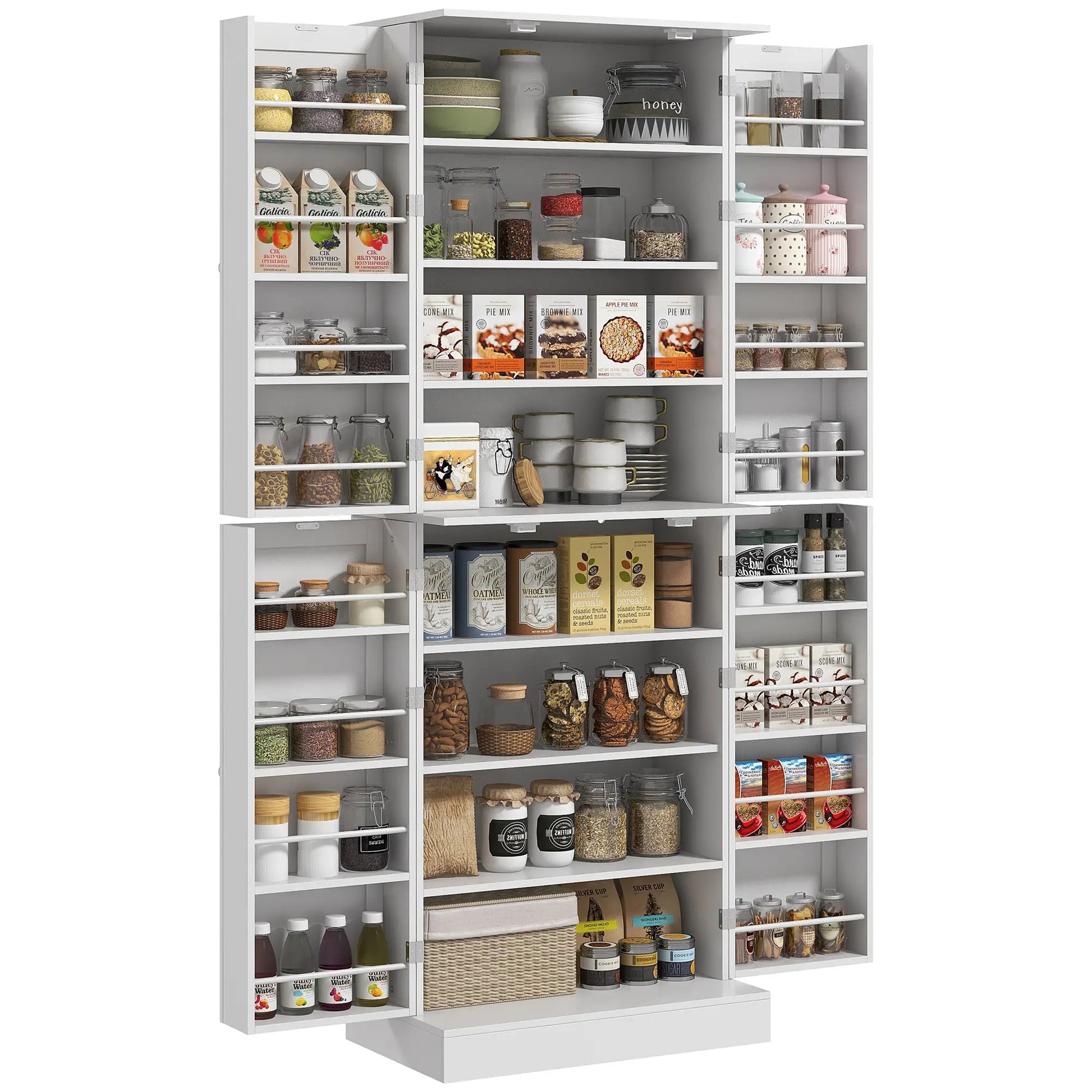 65" Kitchen Pantry Cabinet, 4 Doors, 16 Shelves, White Kitchen Pantry Cabinets at Gallery Canada