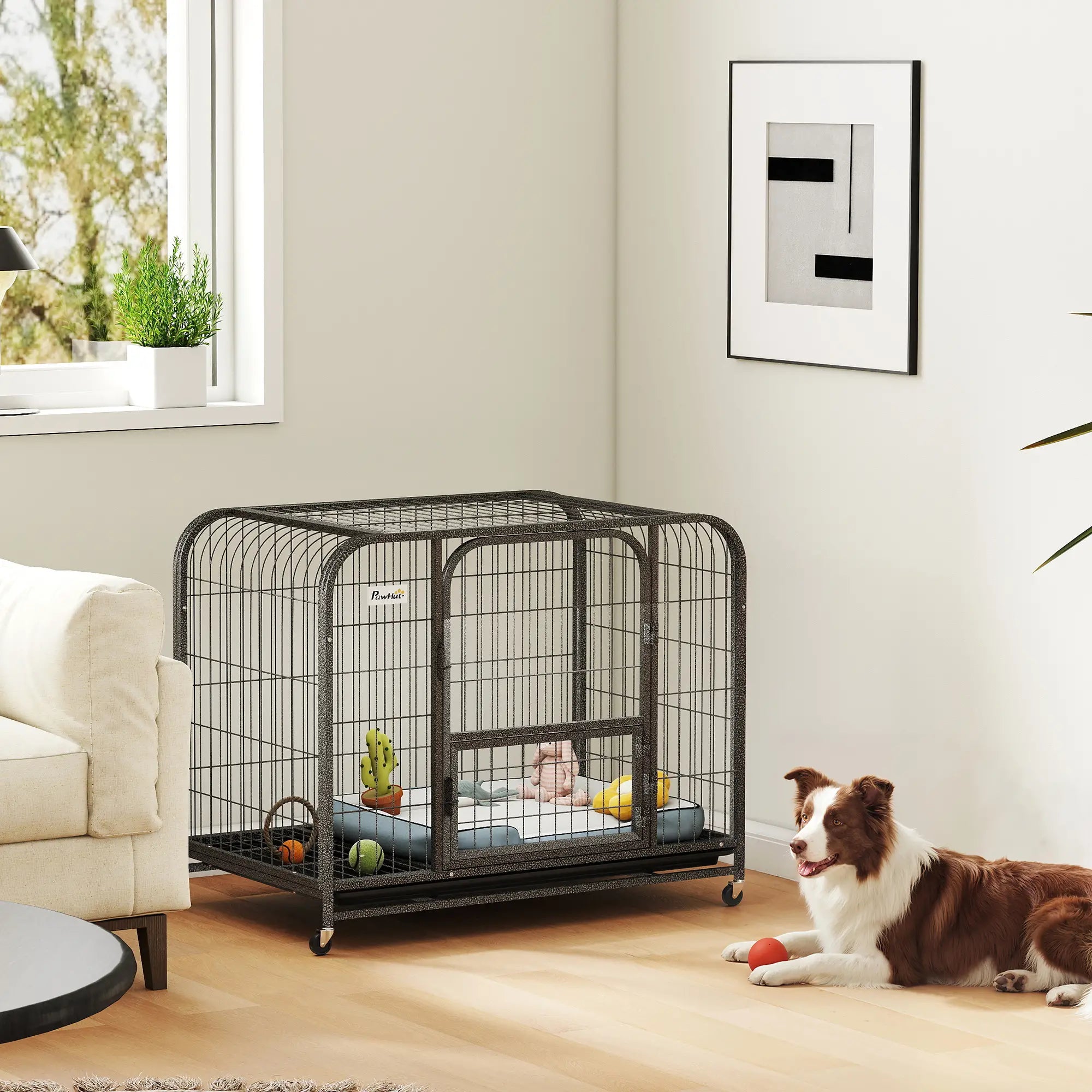 37 Inch Heavy Duty Dog Crate, Large Metal Cage With Lockable Wheels Dog Cages & Crates at Gallery Canada