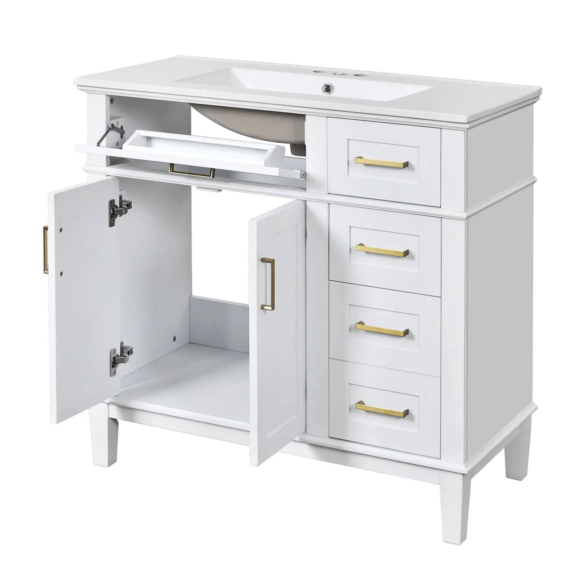 Bathroom Vanity with Ceramic Sink, Soft Close Doors, 4 Drawers, 36