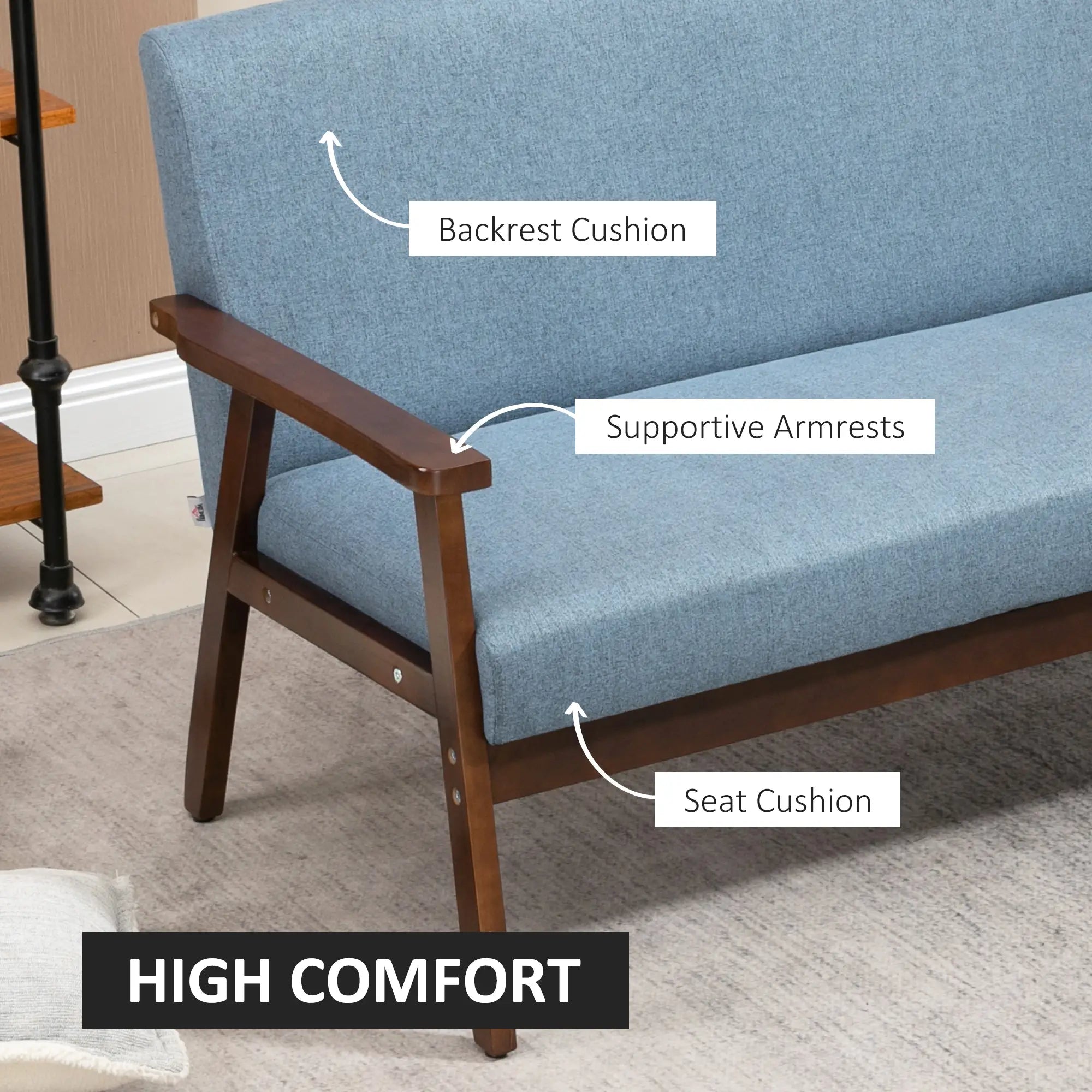 Compact Loveseat Sofa, Linen Fabric, Rubber Wood Legs, Blue 2-Seater Sofas at Gallery Canada